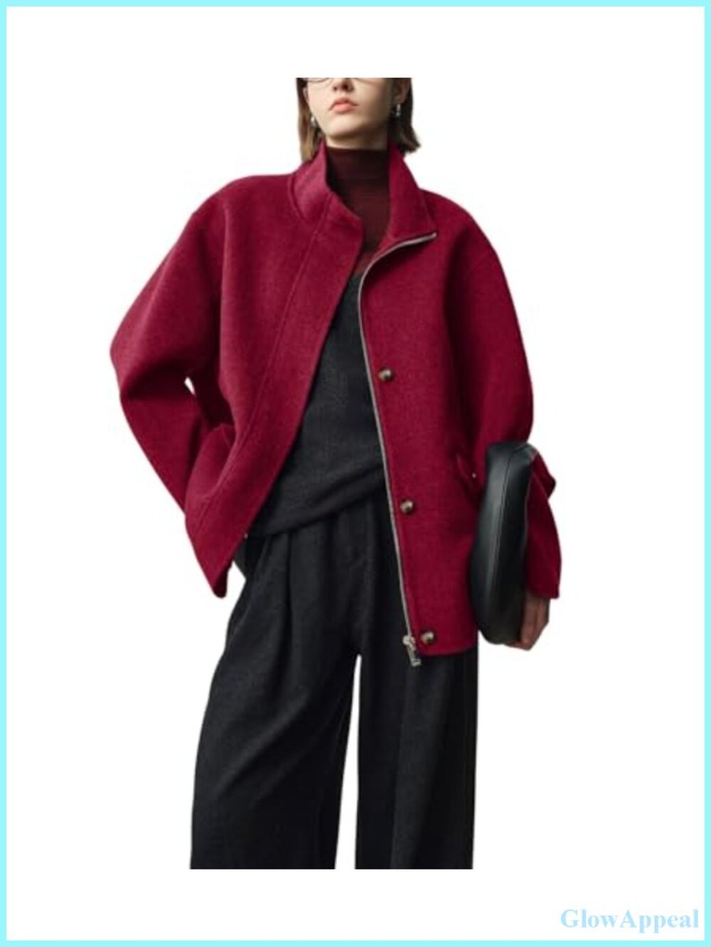 Women's Wool Blend Peacoat Zip Up Stand Collar Jacket with Pockets